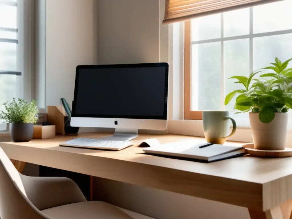 Espacio de trabajo limpio y organizado con escritorio de madera natural