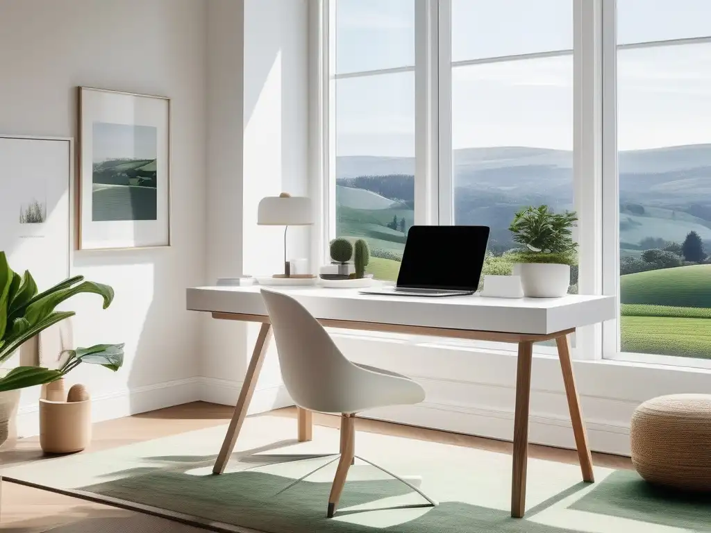 Espacio de trabajo minimalista con vista a paisaje tranquilo, reflejando la importancia del autocuidado en negocios exitosos