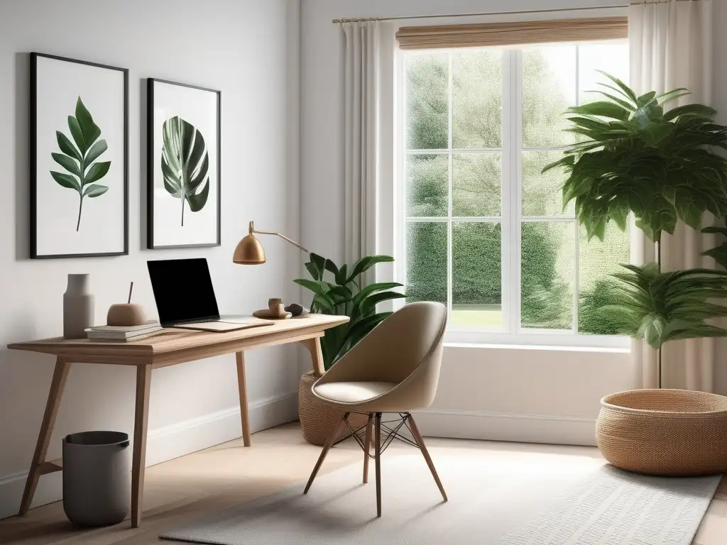 Espacio de trabajo sereno y minimalista con luz natural, escritorio organizado y vista al jardín