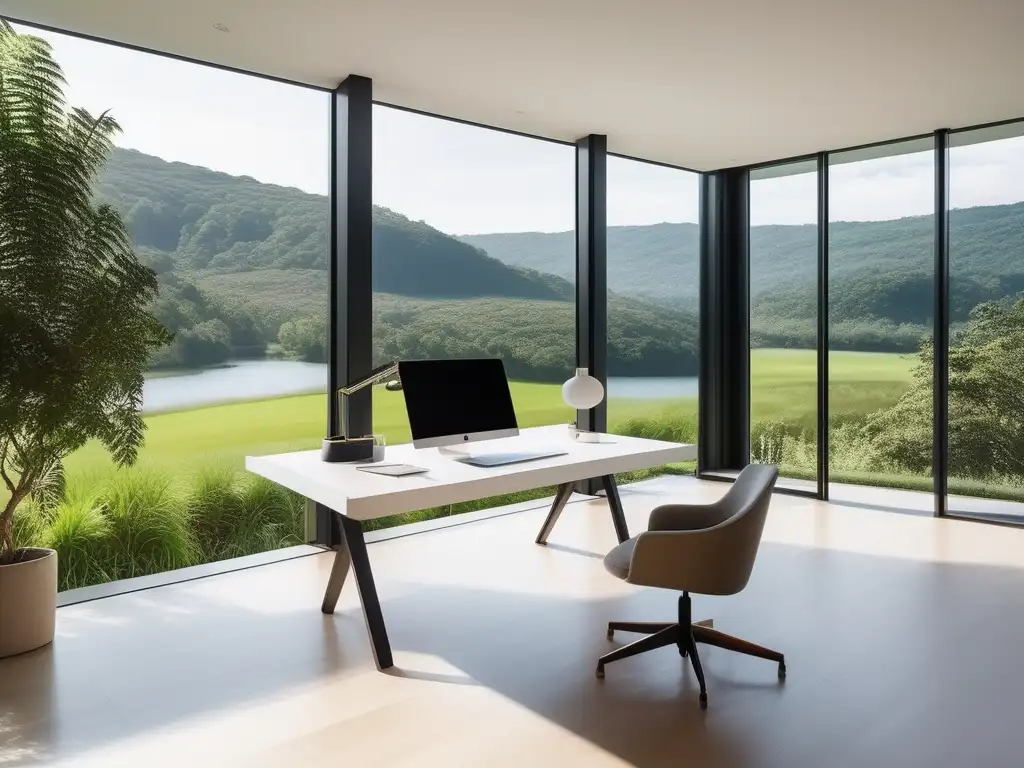 Espacio de trabajo sereno con vista panorámica de paisaje verde