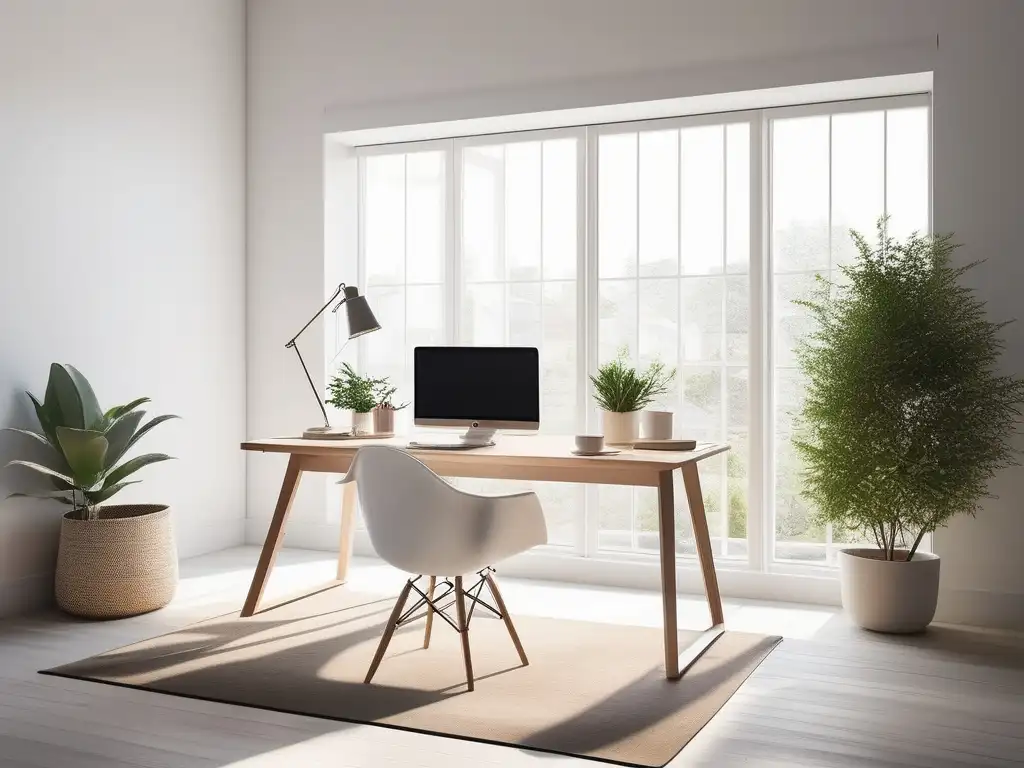 Espacio de trabajo sereno y minimalista con escritorio blanco, silla ergonómica y elementos organizados