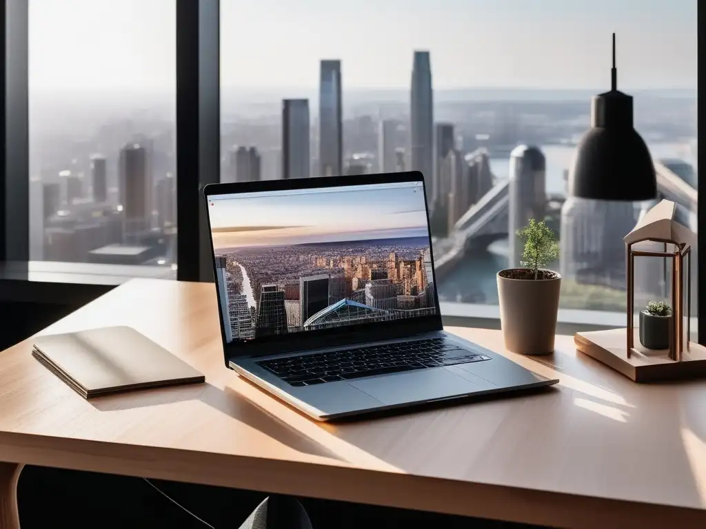 Espacio de trabajo minimalista con escritorio de madera clara, organizado y con vista a la ciudad