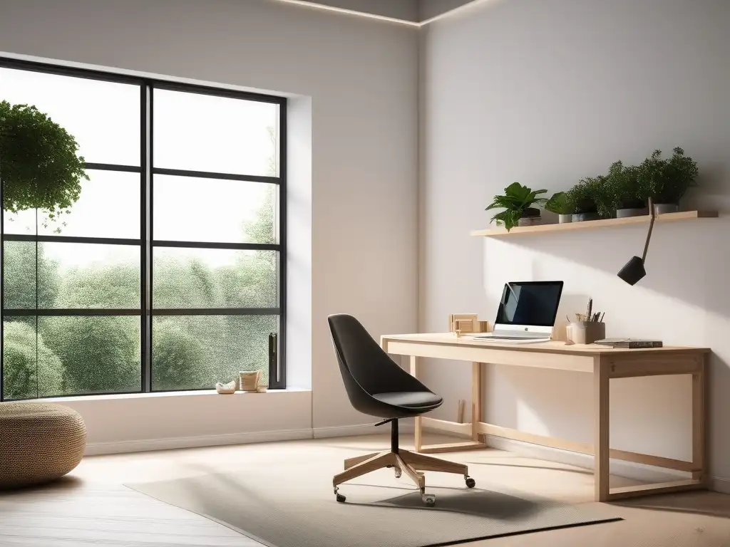 Espacio de trabajo minimalista y sereno, con escritorio de madera clara y ambiente que promueve los beneficios del Mindfulness para la rutina