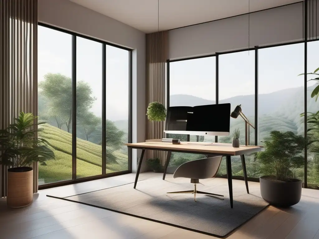 Espacio de trabajo minimalista y sereno con vistas a la naturaleza: Manejo del estrés laboral eficaz