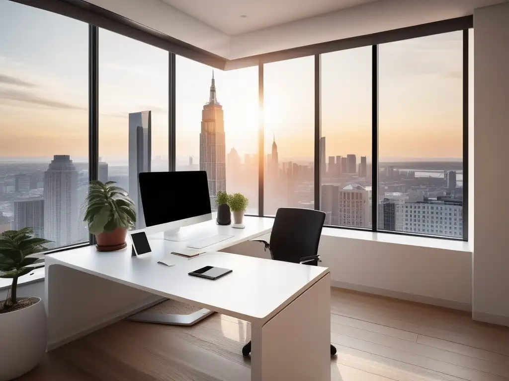 Espacio de trabajo sereno con vista a la ciudad, organizado y equilibrado