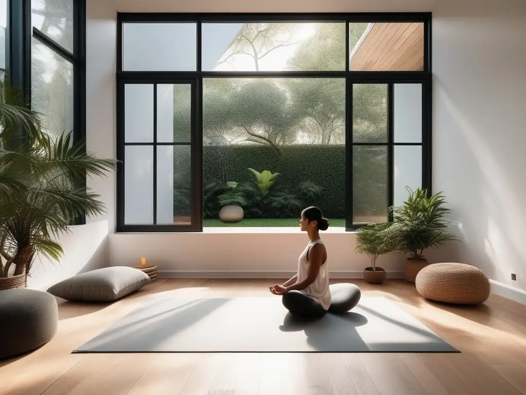 Beneficios de la meditación de mantra en un espacio sereno y minimalista, con luz natural y decoración simple