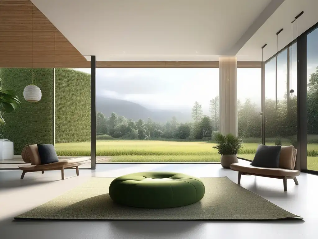 Imagen minimalista de un ambiente sereno y tranquilo con amplias ventanas que ofrecen una vista impresionante de un paisaje verde