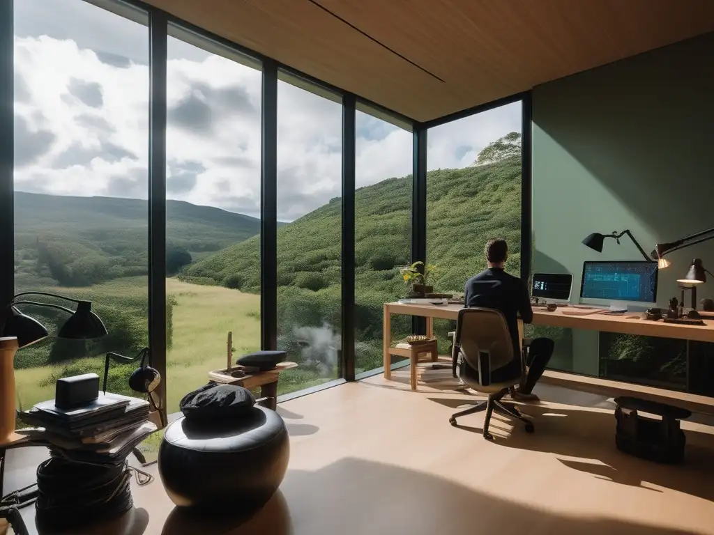 Persona rodeada de herramientas neurocientíficas en un espacio minimalista y tranquilo, con vistas a un paisaje verde