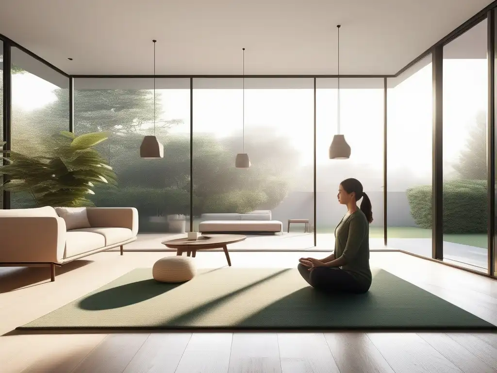 Imagen minimalista de una habitación luminosa con vista a un jardín verde, donde una persona en meditación muestra tranquilidad y bienestar emocional