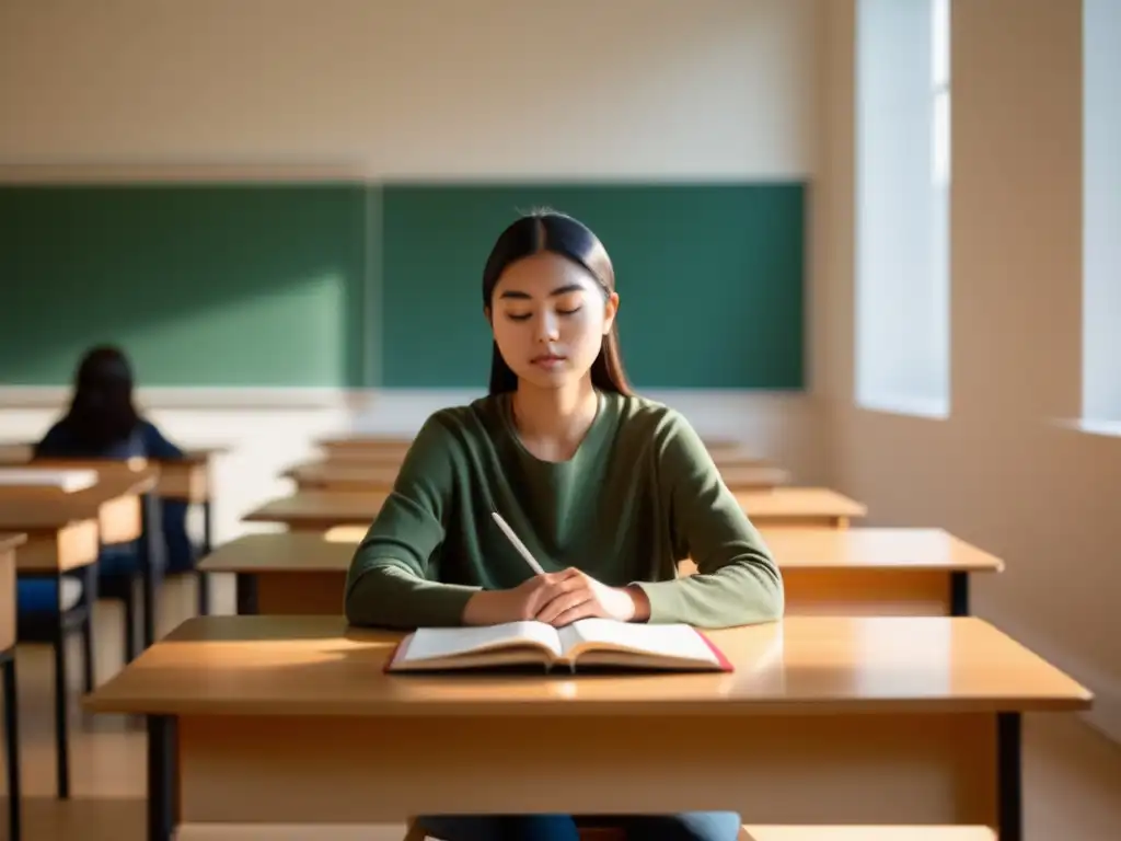 Beneficios del Mindfulness: Estudiante concentrado en un entorno sereno y minimalista