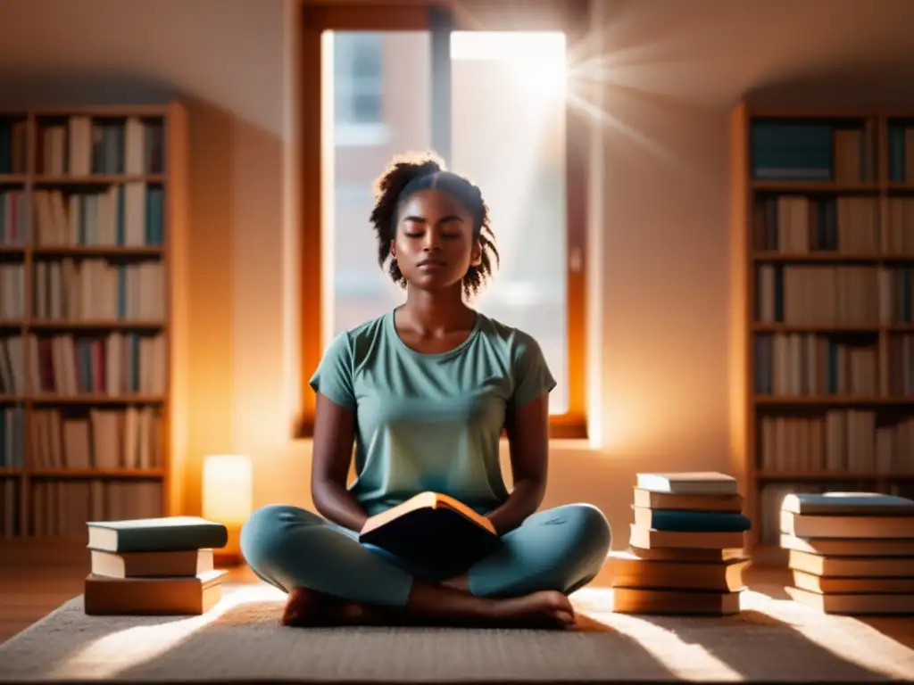 Estudiante enfocado en mindfulness, rodeado de libros y materiales de estudio, mejora rendimiento académico