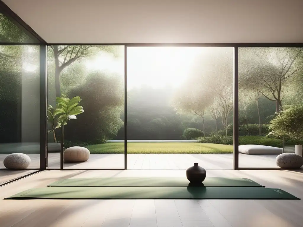 Estudio de yoga minimalista con vista a jardín verde: rutinas saludables para bienestar mental