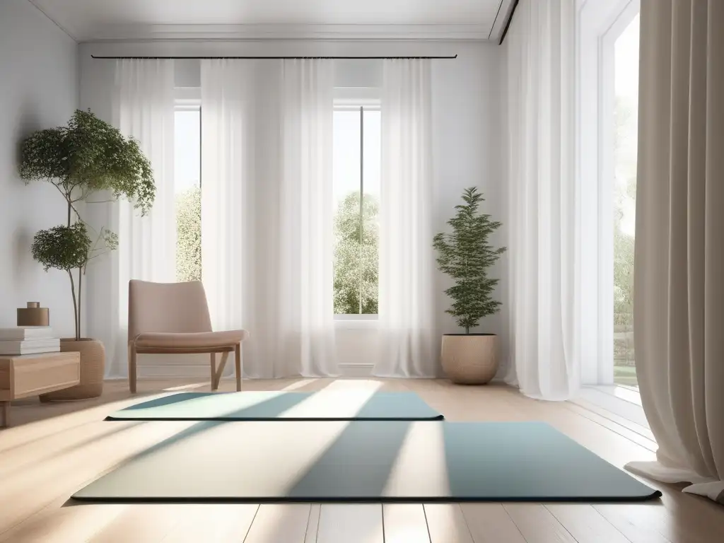 Estudio de yoga minimalista con luz natural y beneficios del ejercicio físico para la salud mental