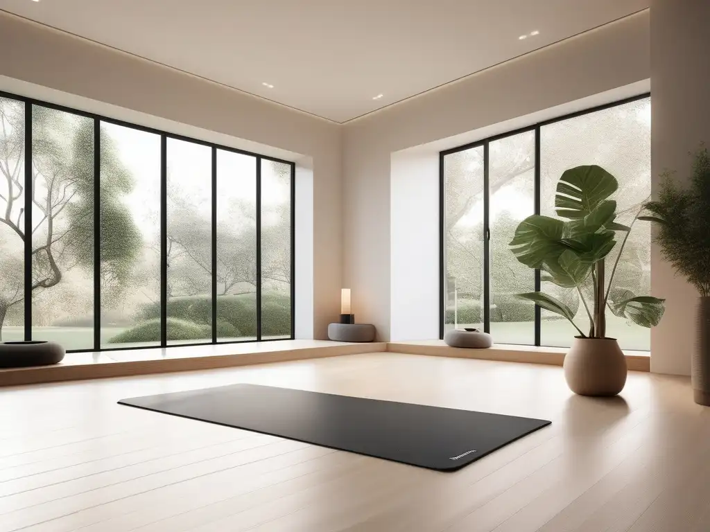 Un estudio de yoga minimalista y sereno con luz natural, ventanales y jardín, para encontrar equilibrio emocional después de los 60