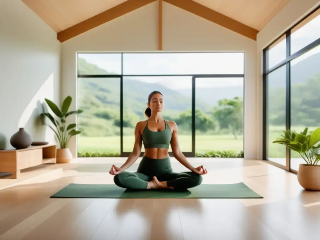 Yoga sereno en estudio con vista natural, terapia de movimiento para liberar estrés