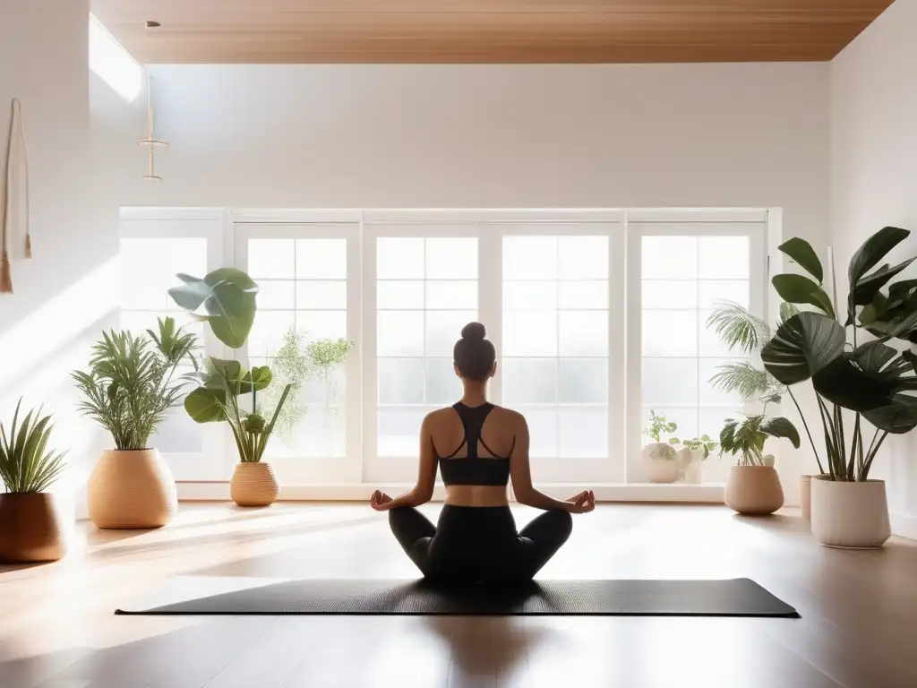 Estudio de yoga sereno y tranquilo, con mat y persona en posición de meditación