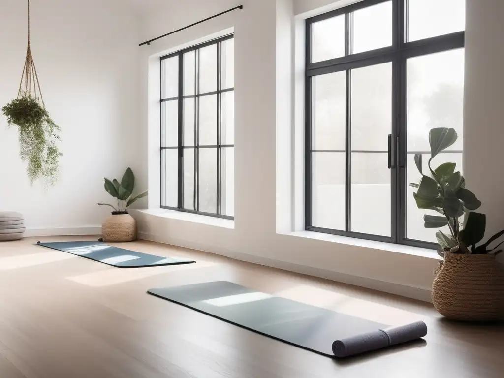 Estudio de yoga sereno y minimalista con vista a paisaje verde - Nutrición y equilibrio emocional