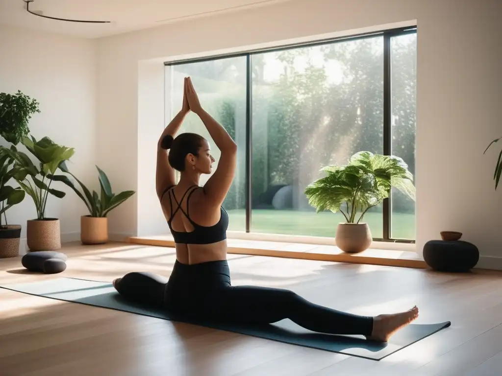 Estudio de yoga iluminado con luz natural, plantas verdes y persona practicando yoga - Técnicas de manejo del estrés laboral