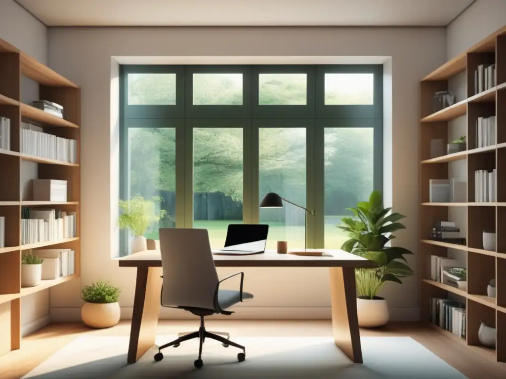 Estudio tranquilo y minimalista con vistas a un jardín, muebles contemporáneos, luz natural y elementos naturales