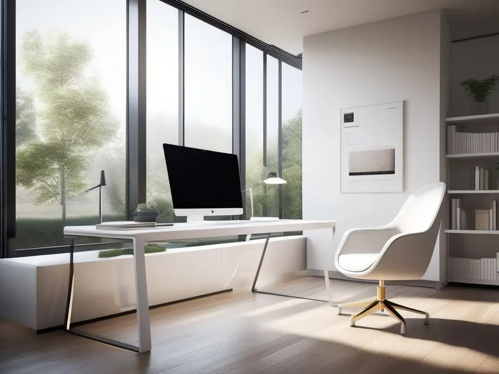 Estudio espacioso y minimalista con luz natural, muebles blancos y motivadoras citas de aprendizaje