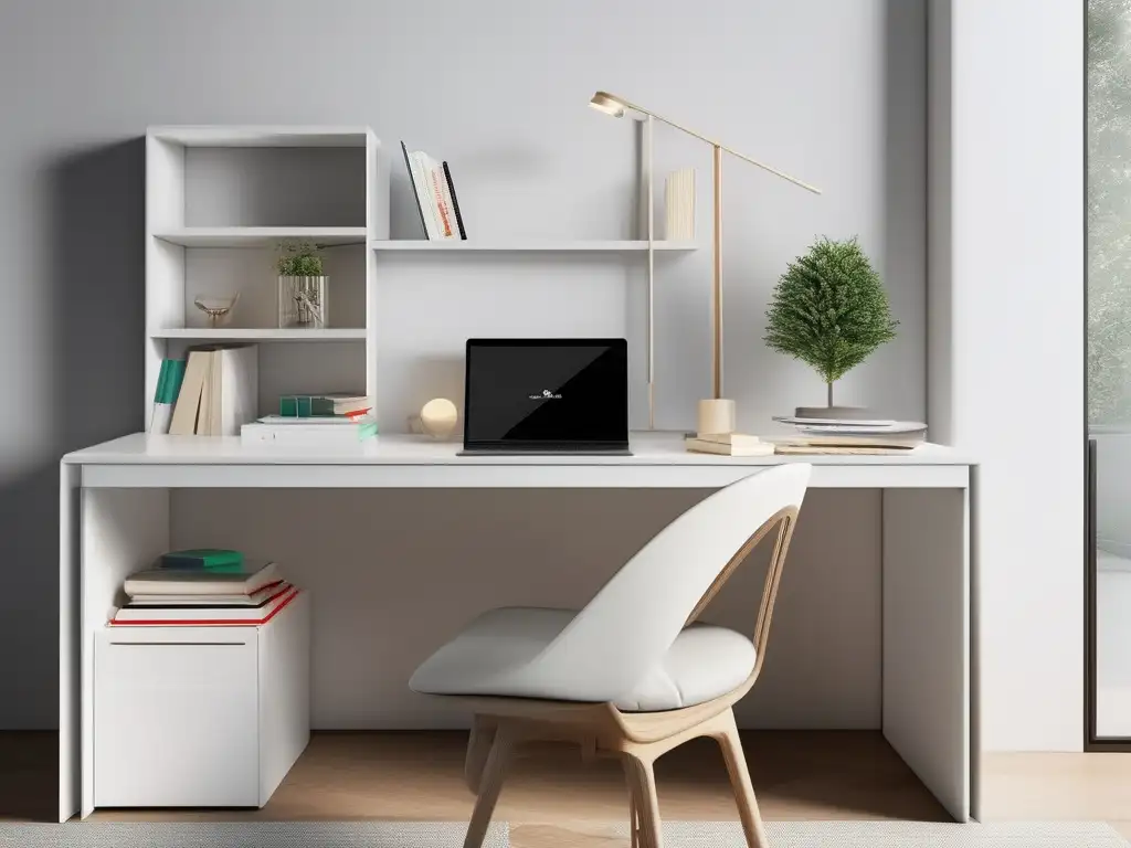 Estudio minimalista con escritorio blanco, material de estudio organizado y laptop de diseño minimalista