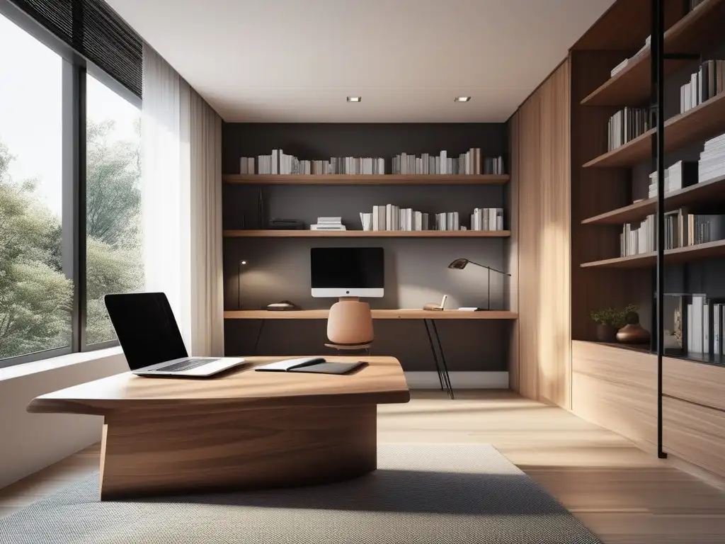 Espacio de estudio minimalista con escritorio de madera pulida, libros organizados, laptop y ambiente acogedor