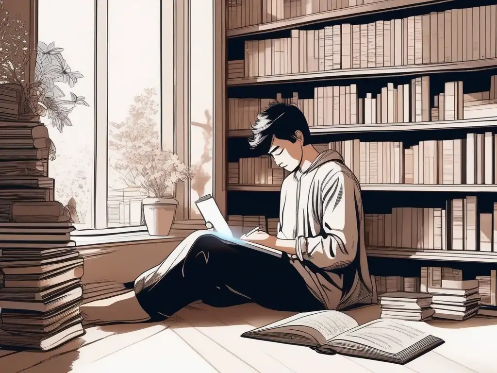 Persona estudiando en una habitación minimalista rodeada de libros, con luz natural y expresión concentrada