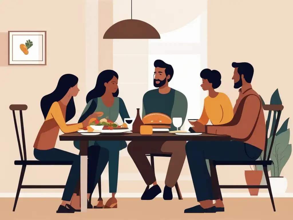 Habilidades de comunicación para fortalecer vínculos familiares: Familia disfrutando de una comida en la mesa, conversando con empatía y calidez