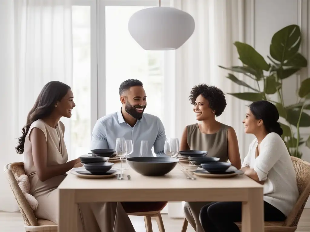 Familia dialogando y escuchándose con atención en mesa elegante