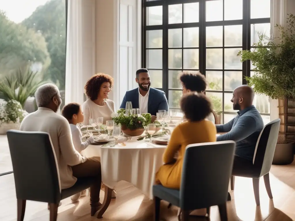 Familia diversa en una mesa bellamente decorada, fortaleciendo vínculos con habilidades de comunicación (110 caracteres)