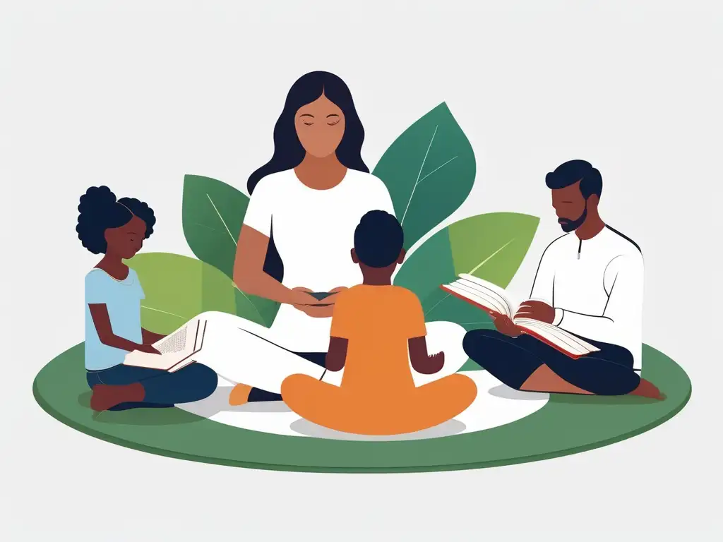 Familia diversa promoviendo salud mental: lectura, yoga, meditación, creatividad