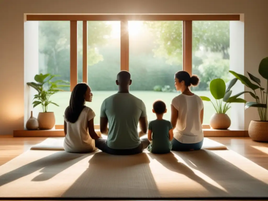 Familia practicando mindfulness en una habitación serena y luminosa - Beneficios del Mindfulness en relaciones familiares