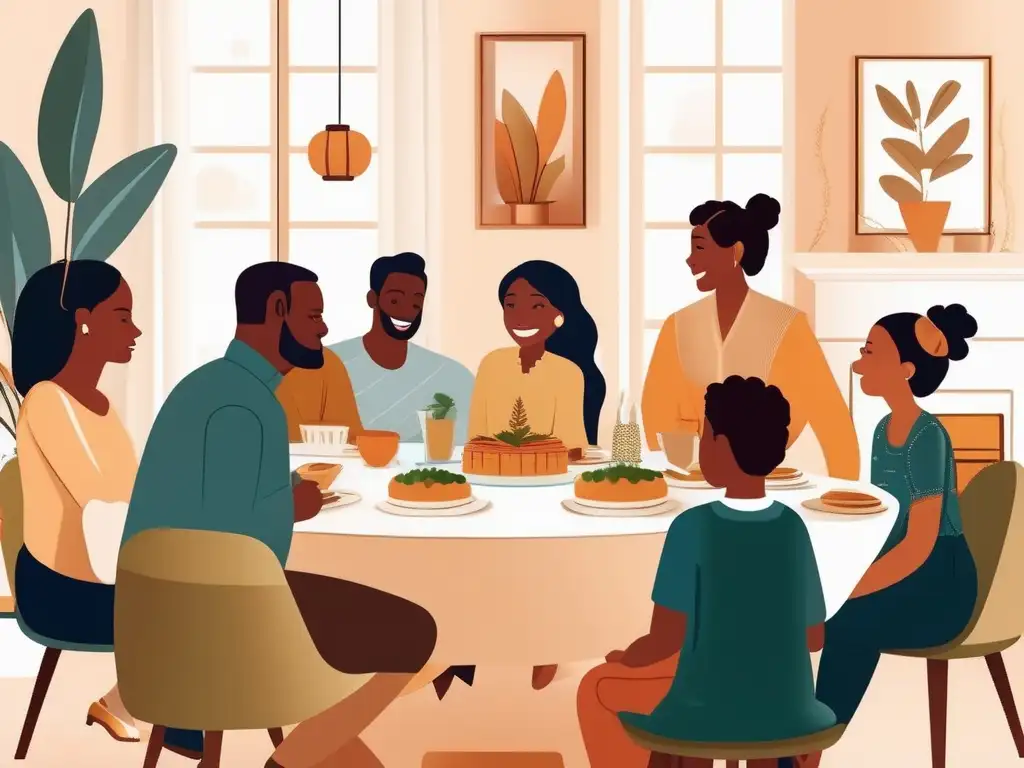 Familia diversa disfrutando de una comida con decoración elegante y comunicación efectiva (110 caracteres)