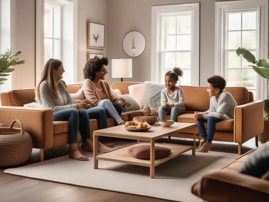 Consejos para el bienestar infantil: Familia feliz en sala acogedora, niños jugando, padres conversando y demostrando amor