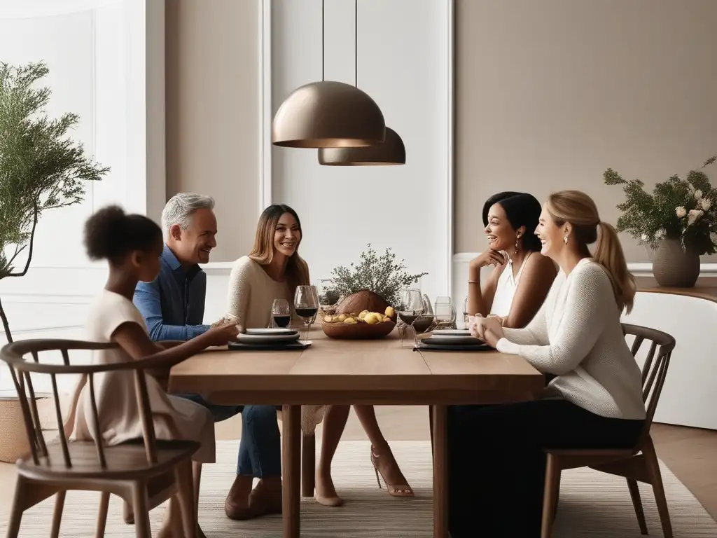 Familia en mesa con comunicación efectiva y resolución de conflictos