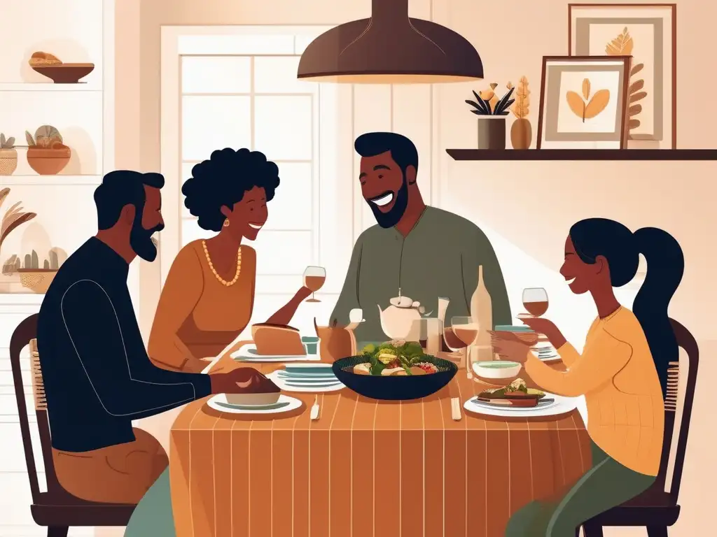 Familia diversa en mesa con comida y comunicación efectiva