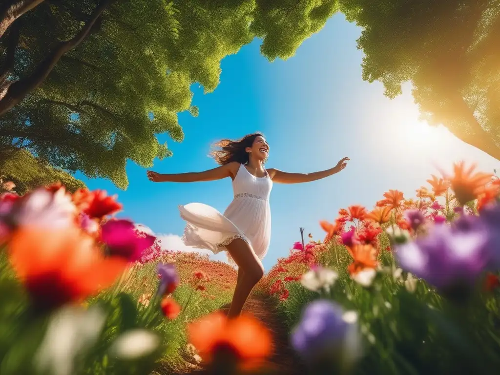 Técnicas neurocientíficas para felicidad: mujer sonriente en un hermoso entorno