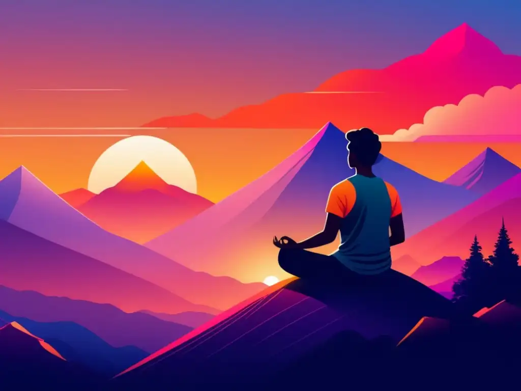 Ilustración minimalista de una persona meditando en una montaña al amanecer