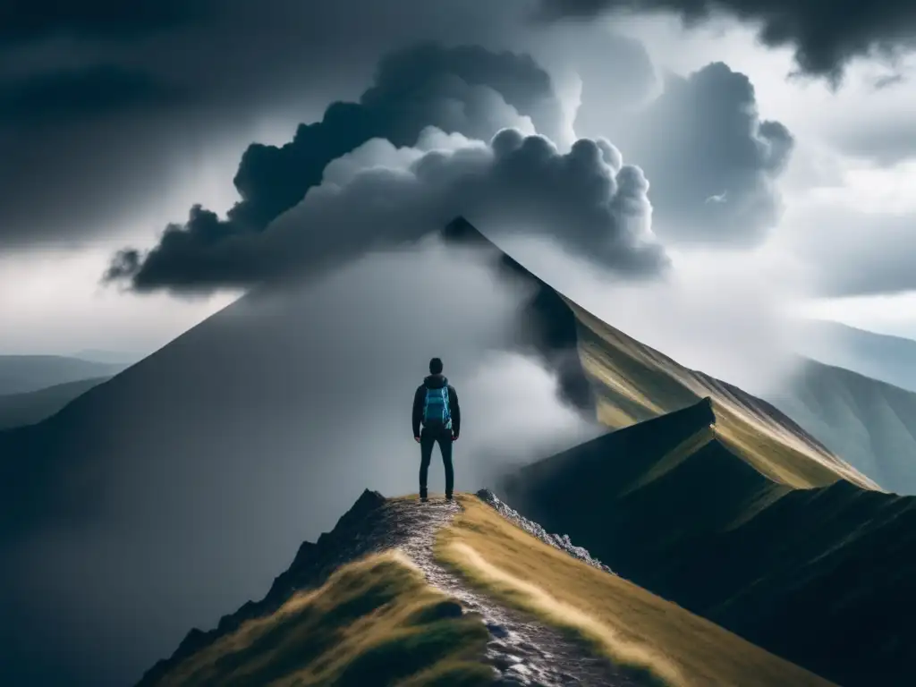 Persona en la cima de una montaña, rodeada de nubes tormentosas