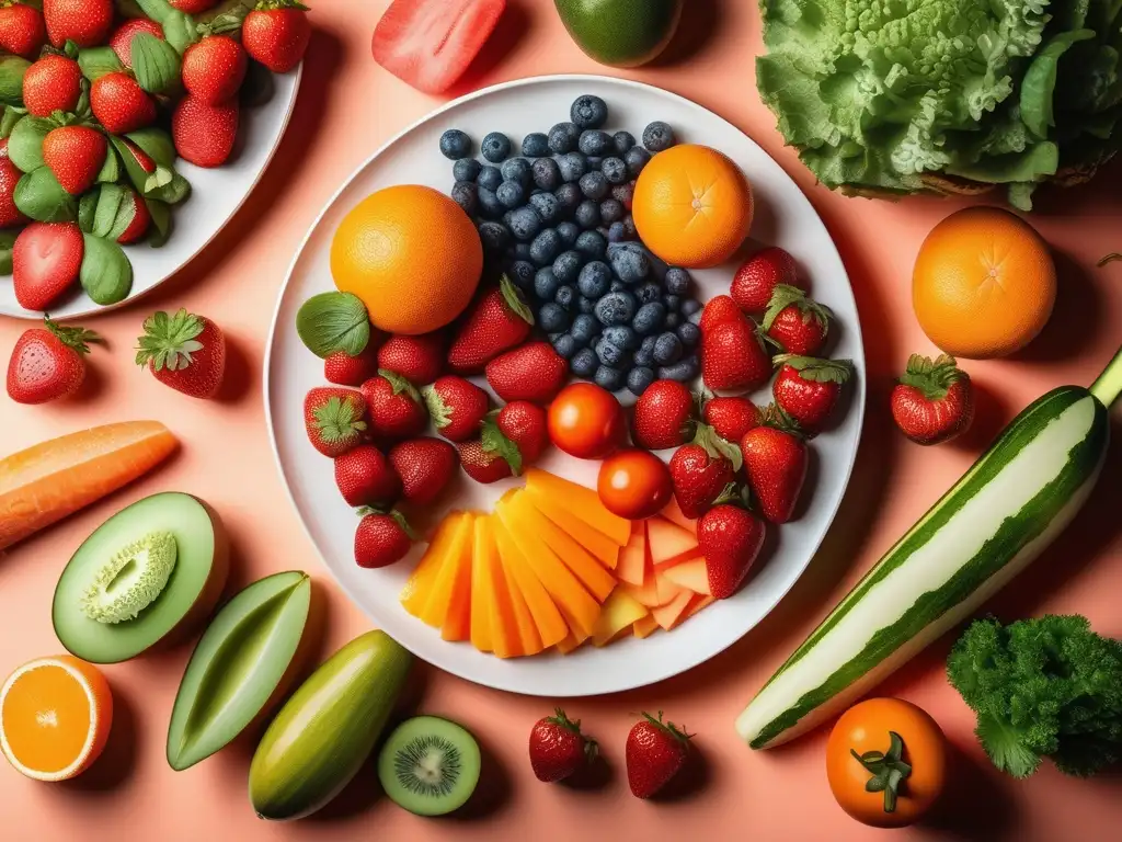 Plato blanco con frutas y verduras coloridas, promoviendo hábitos saludables para fortalecer la mente