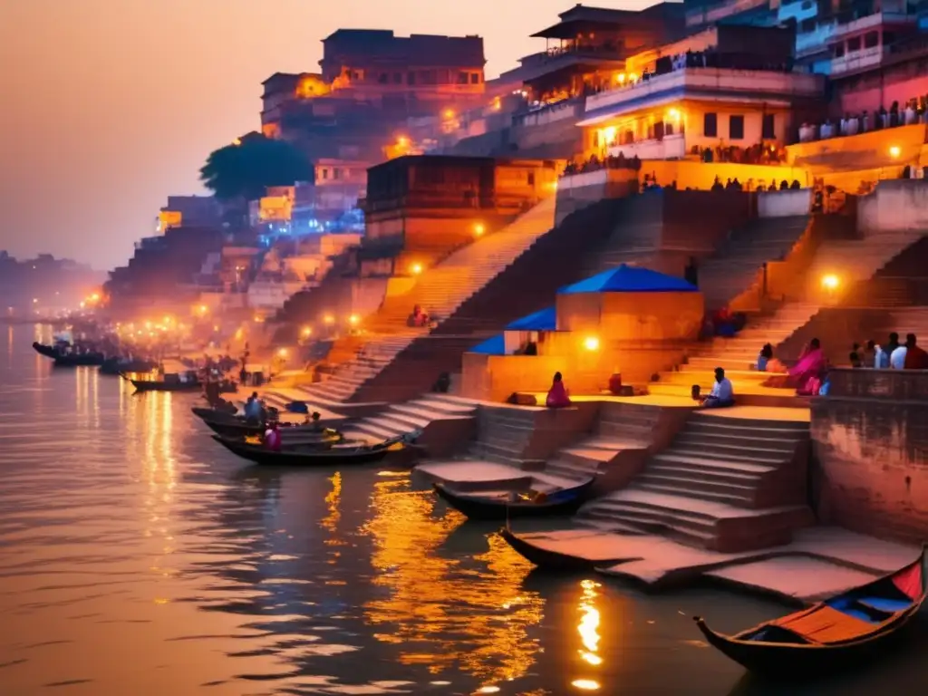 Paisaje sereno y espiritual del río Ganges en Varanasi, India - Relación espiritualidad salud mental India