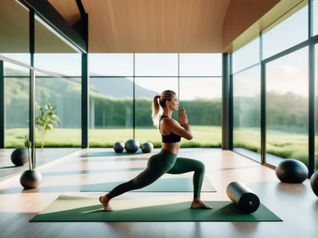 Un gimnasio minimalista con vistas a un paisaje verde, equipado con moderno equipo de ejercicios y una persona practicando yoga rodeada de naturaleza