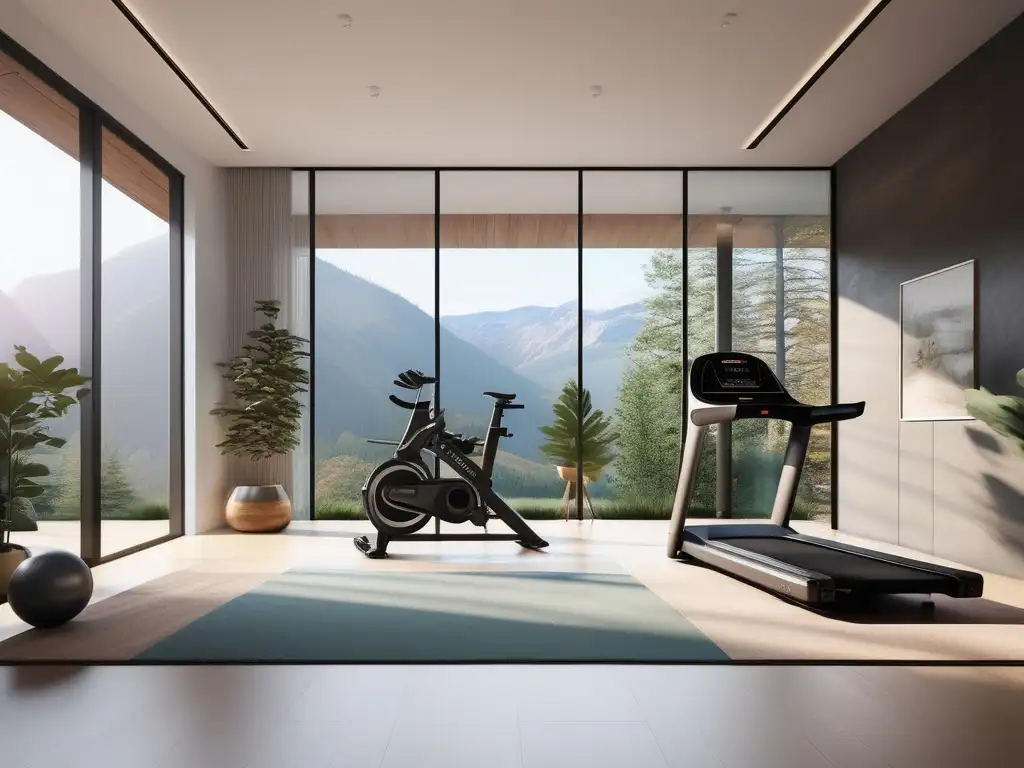 Gimnasio en casa minimalista con vista a la naturaleza y equipamiento moderno