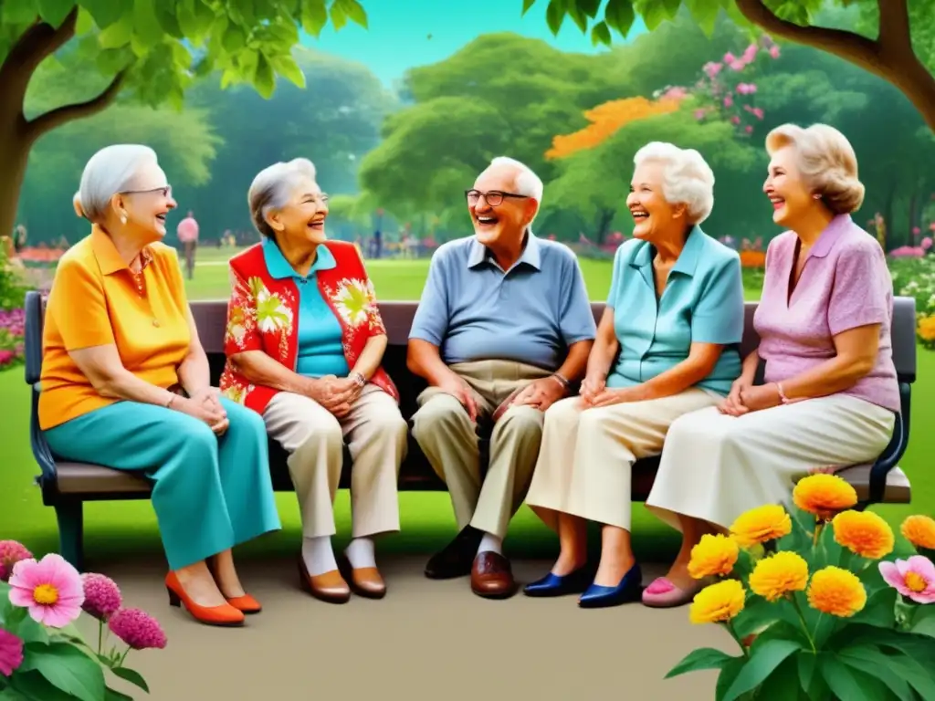 Beneficios del humor en la vejez: grupo de ancianos felices en un parque rodeados de naturaleza y flores, conversando y riendo