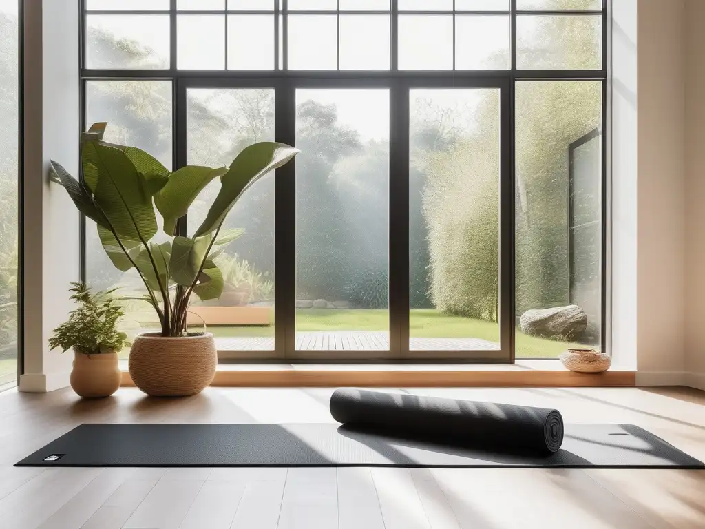 Habitación minimalista con vista a jardín, luz natural, yoga y plantas - Terapia de movimiento para liberar estrés