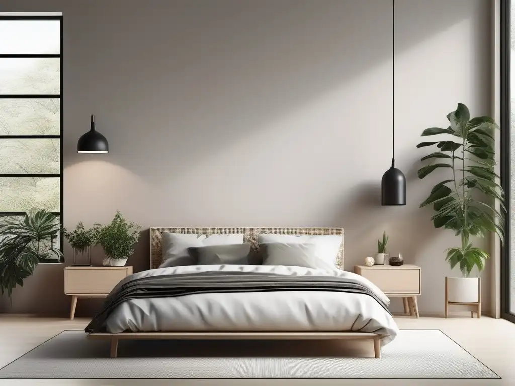 Dormitorio minimalista con grandes ventanas y muebles modernos en tonos neutros