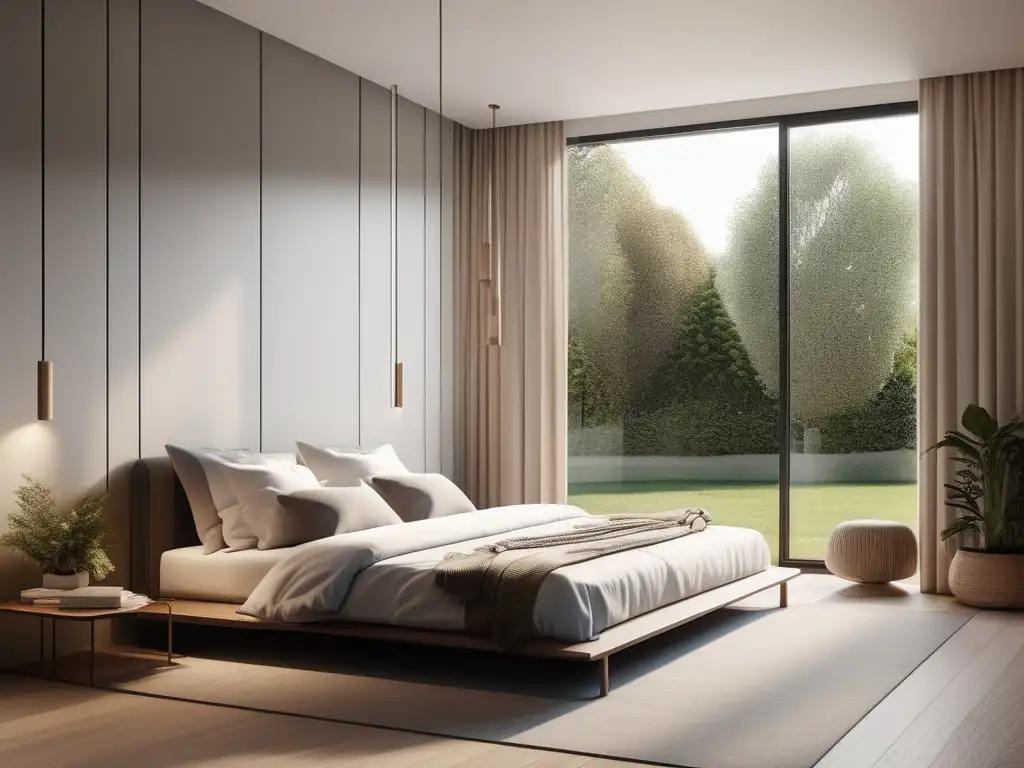 Habitación minimalista con luz matinal, ventana al jardín y espacio de mindfulness: Beneficios del Mindfulness en rutinas diarias