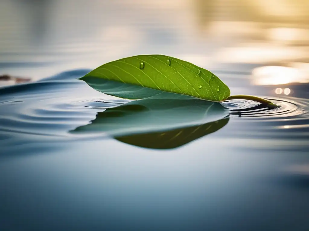 Hoja verde flotando en agua, simbolizando construir resiliencia en la adolescencia