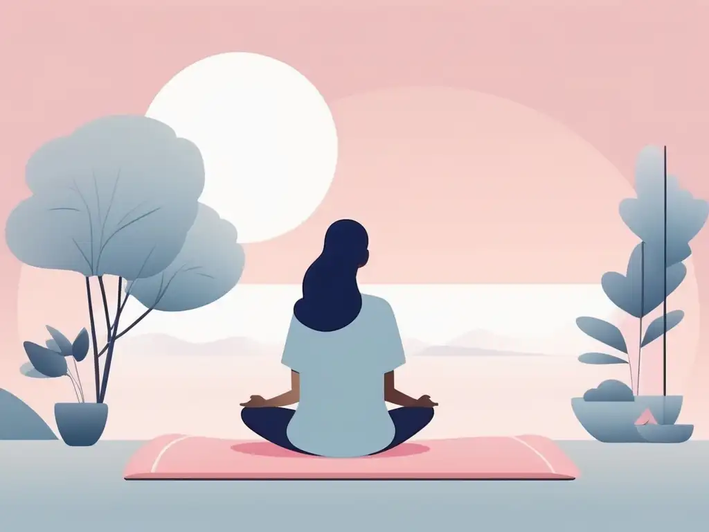 Consejos para practicar mindfulness en el día a día: ilustración minimalista de serenidad y calma con persona en postura relajada rodeada de luz suave