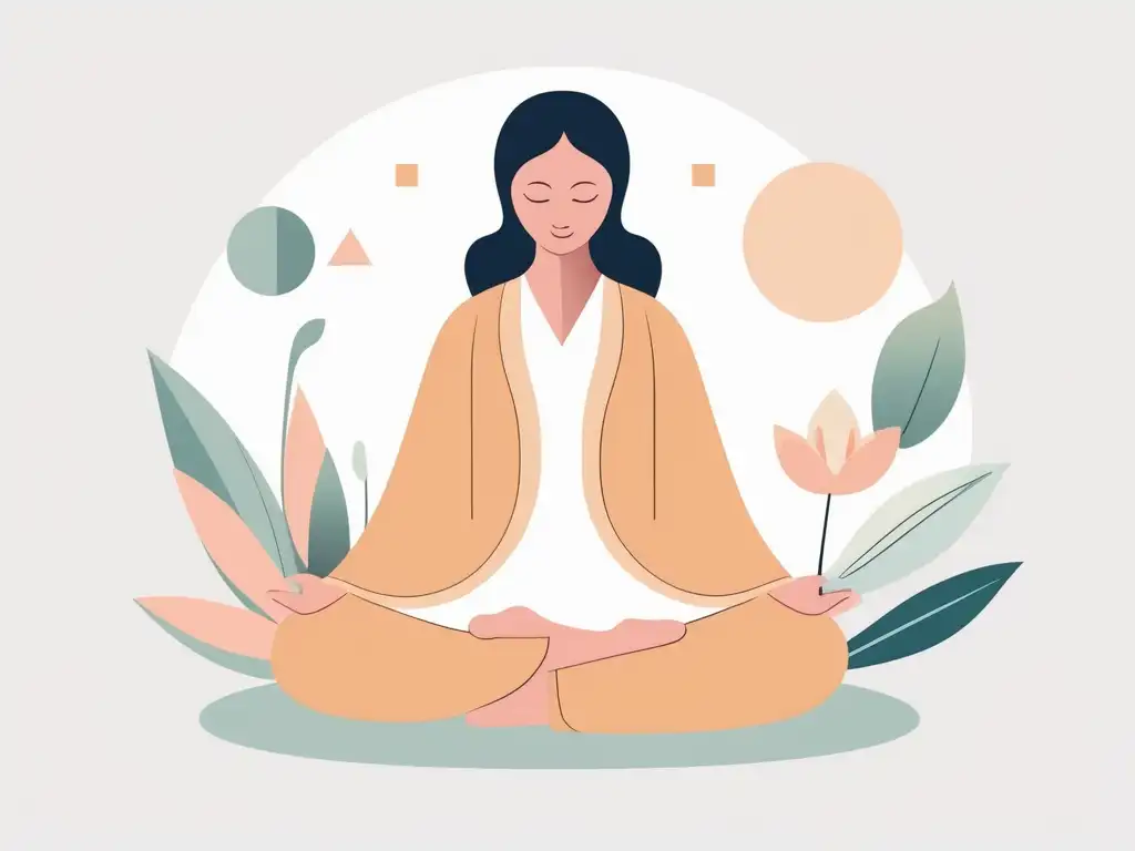 Ilustración minimalista de persona meditando en loto, con emociones y consejo en manejo del estrés laboral eficaz